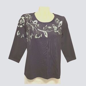 CHICOS Embelished Ponte‎ 3 Quarter Sleeve Top Silver Bead Sequined Black Size 1